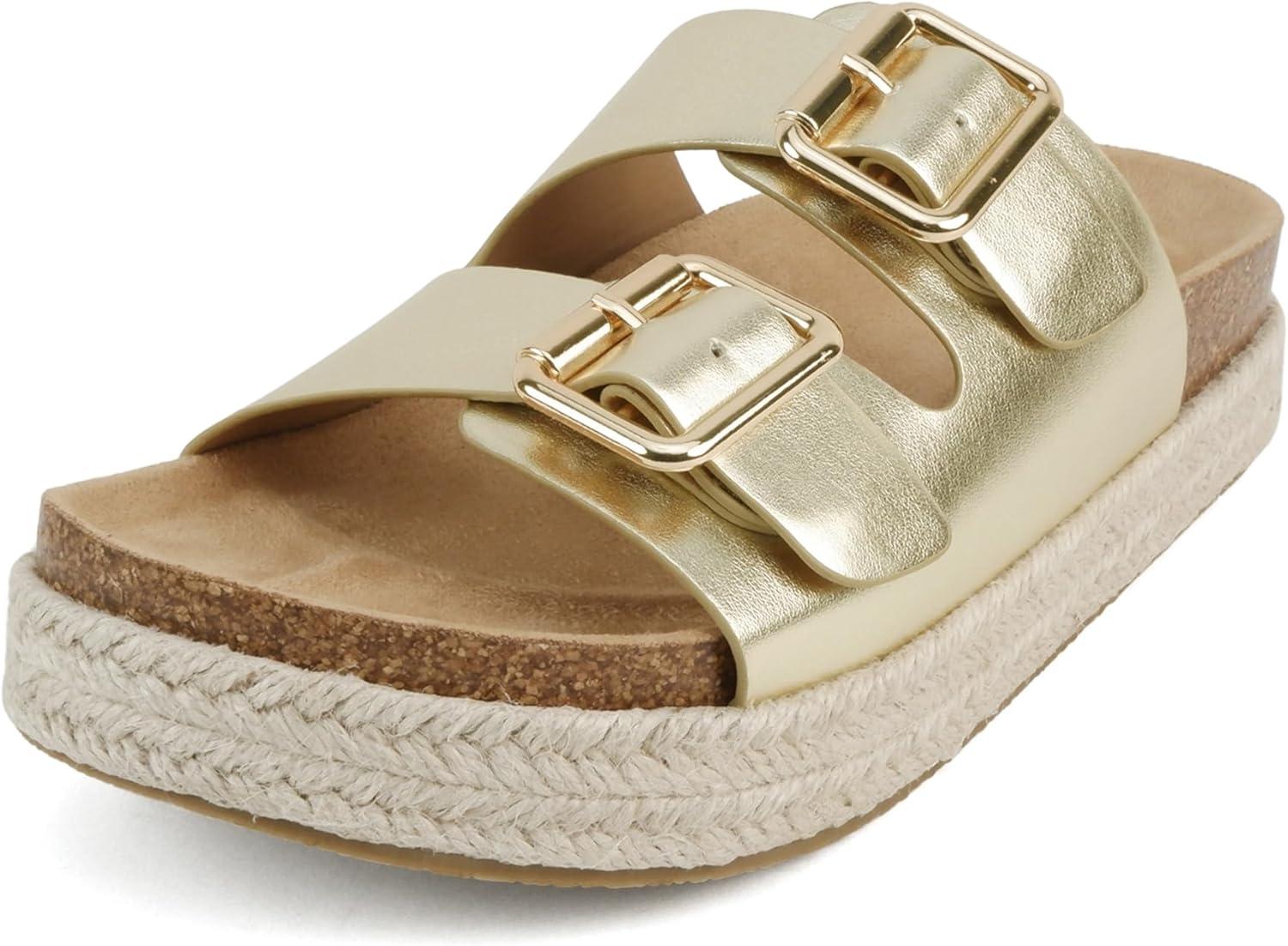 imageSoda Marfa  Women Open Toe Espadrille Flatform Sandals with Double Buckle StrapLight Gold Metallic