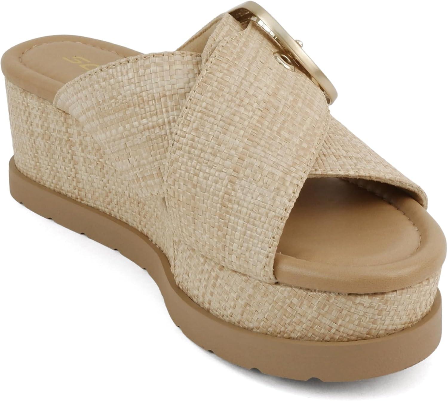 imageSoda Ranger  Women Open Toe Crisscross Band Wedge Sandals with Buckle StrapNatural Raffia