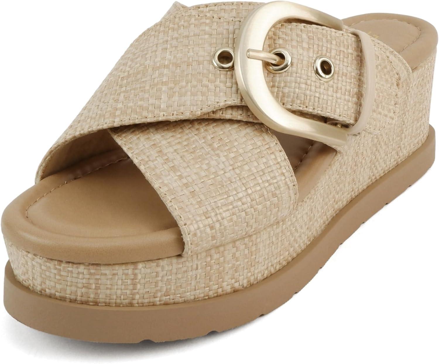 imageSoda Ranger  Women Open Toe Crisscross Band Wedge Sandals with Buckle StrapNatural Raffia