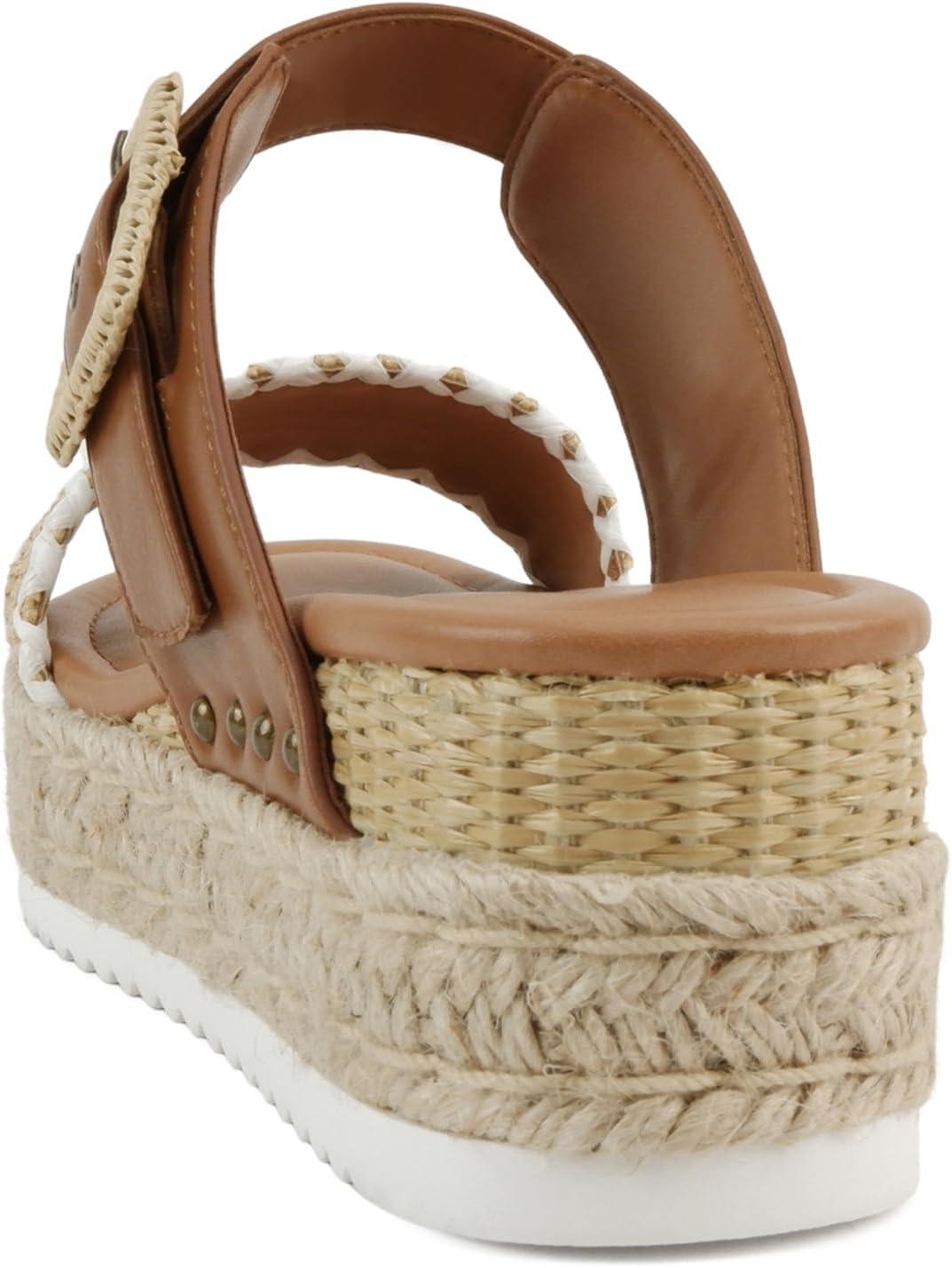 imageSoda Sail  Women Open Toe Double Band Espadrille Wedge SandalsCognac Raffia