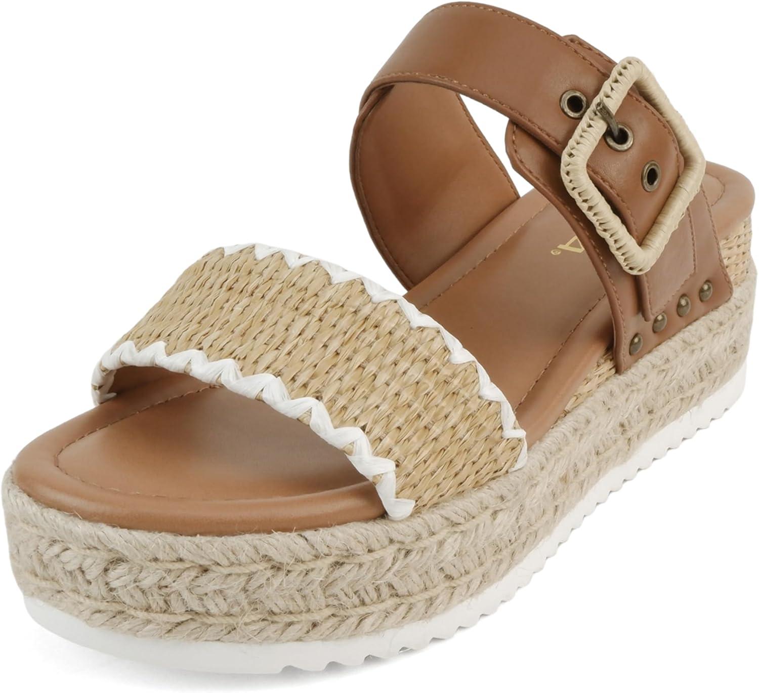imageSoda Sail  Women Open Toe Double Band Espadrille Wedge SandalsCognac Raffia