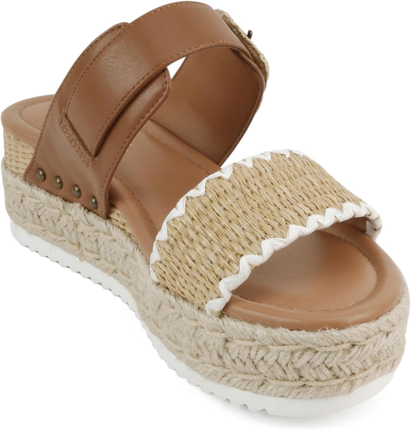 imageSoda Sail  Women Open Toe Double Band Espadrille Wedge SandalsCognac Raffia