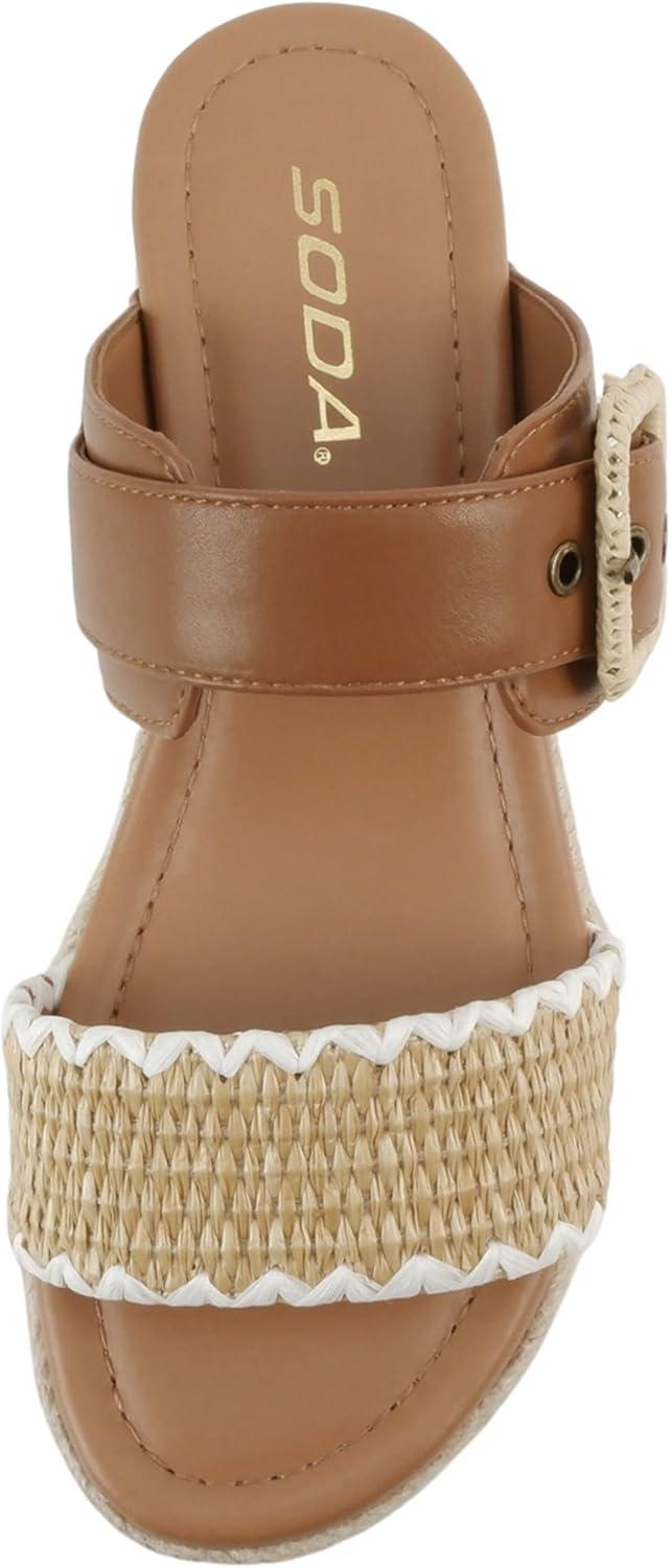 imageSoda Sail  Women Open Toe Double Band Espadrille Wedge SandalsCognac Raffia