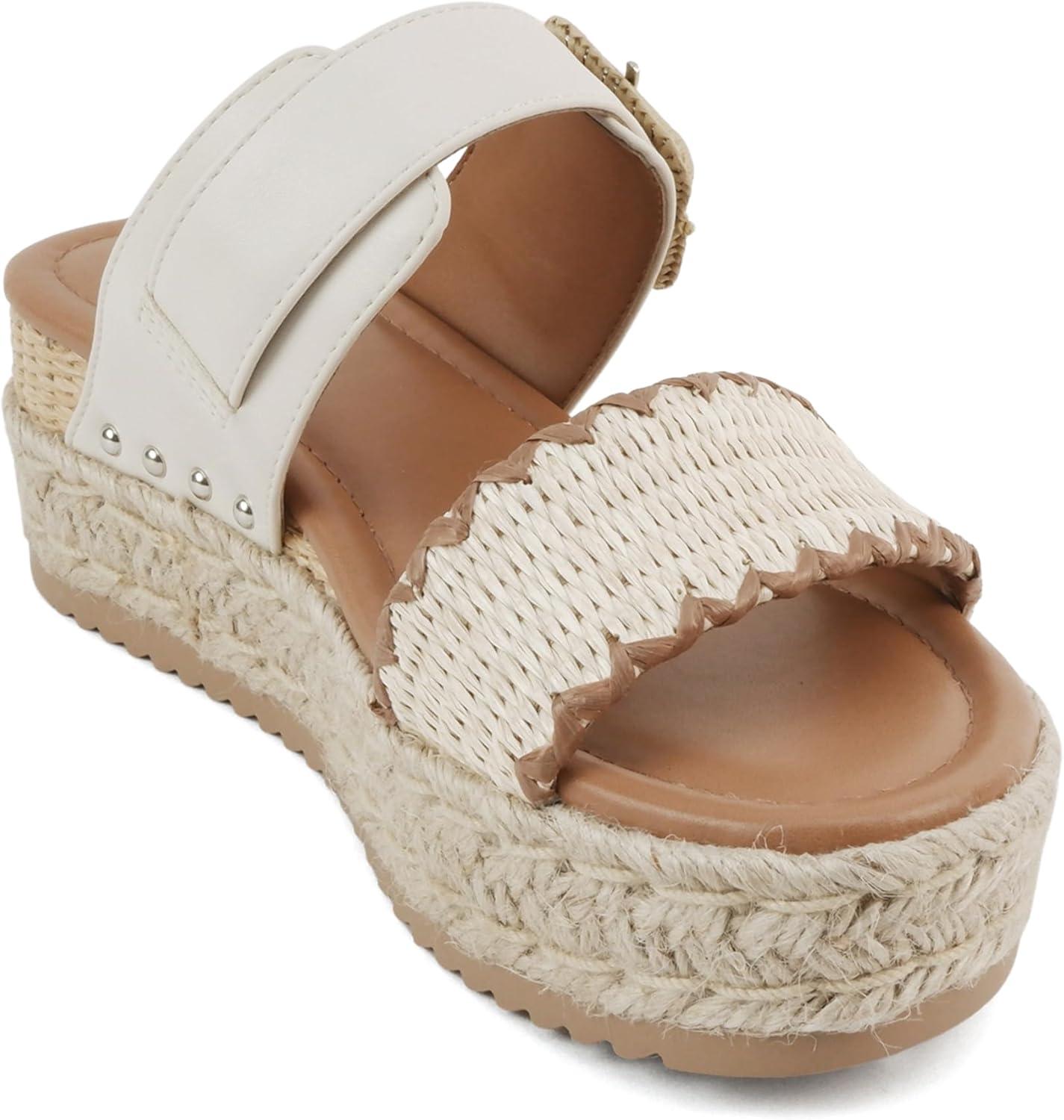 imageSoda Sail  Women Open Toe Double Band Espadrille Wedge SandalsOff White Raffia