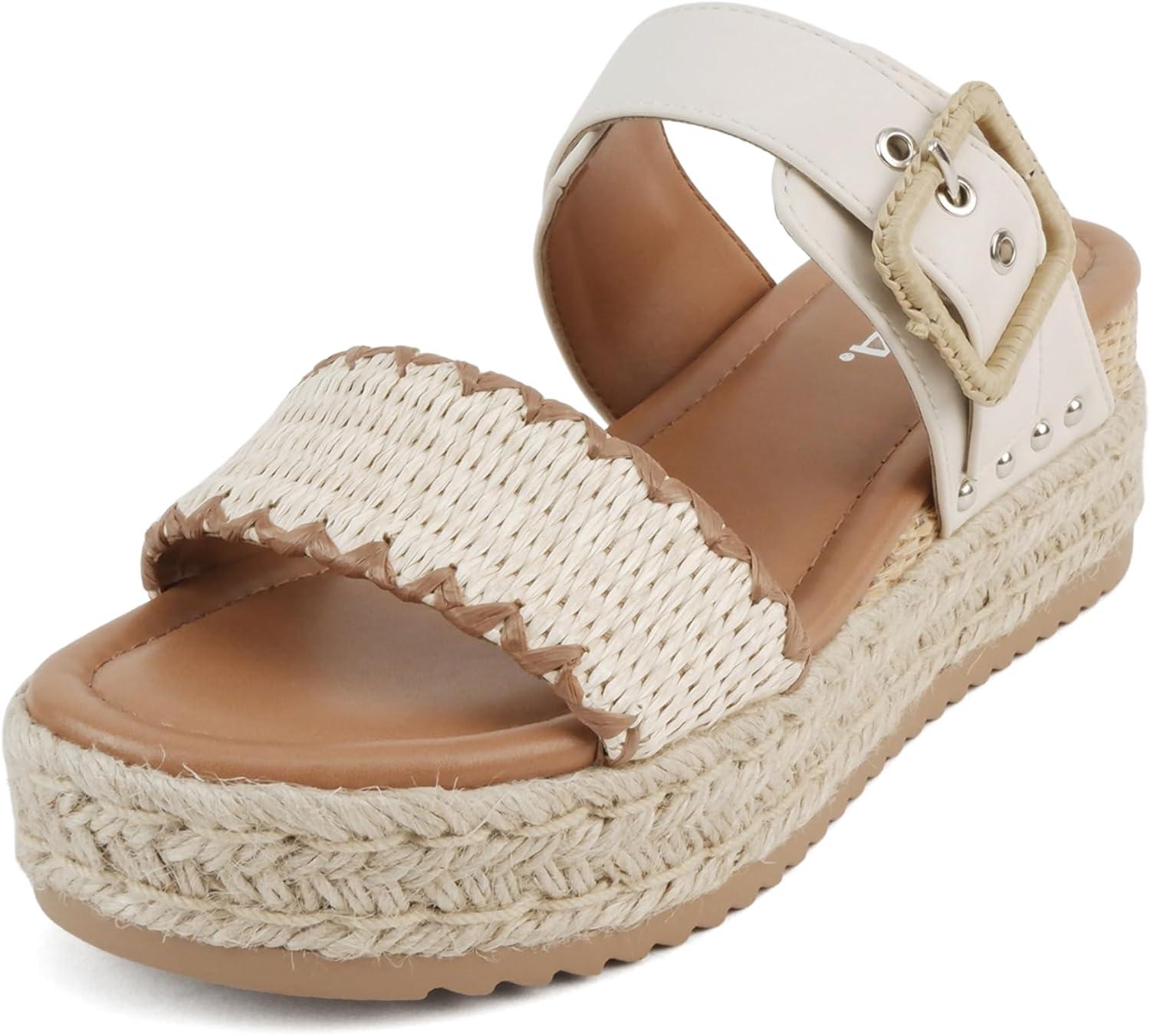 imageSoda Sail  Women Open Toe Double Band Espadrille Wedge SandalsOff White Raffia
