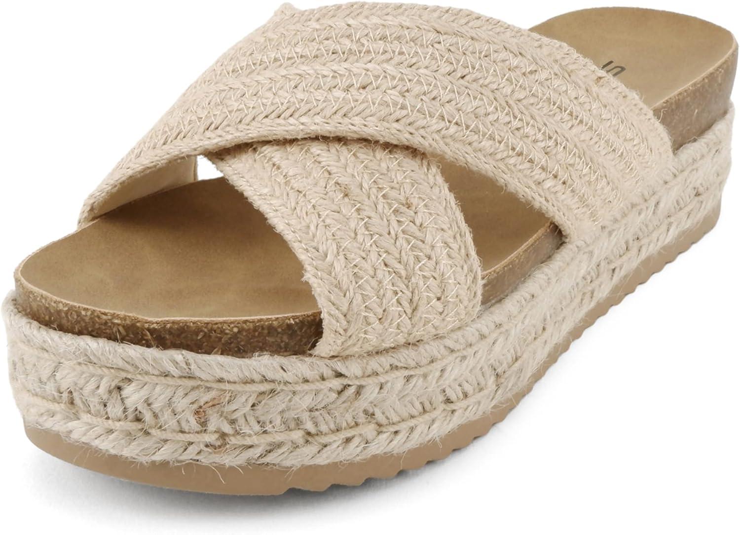 imageSoda Yena  Women Round Toe Crisscross Band Platform Espadrille Wedge SandalsLight Tan Jute