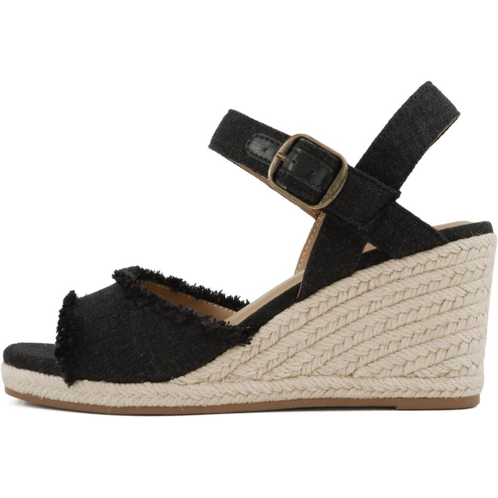 imageSoda Arnold  Women Square Toe Frayed Linen Espadrille Wedge SandalBlack Linen