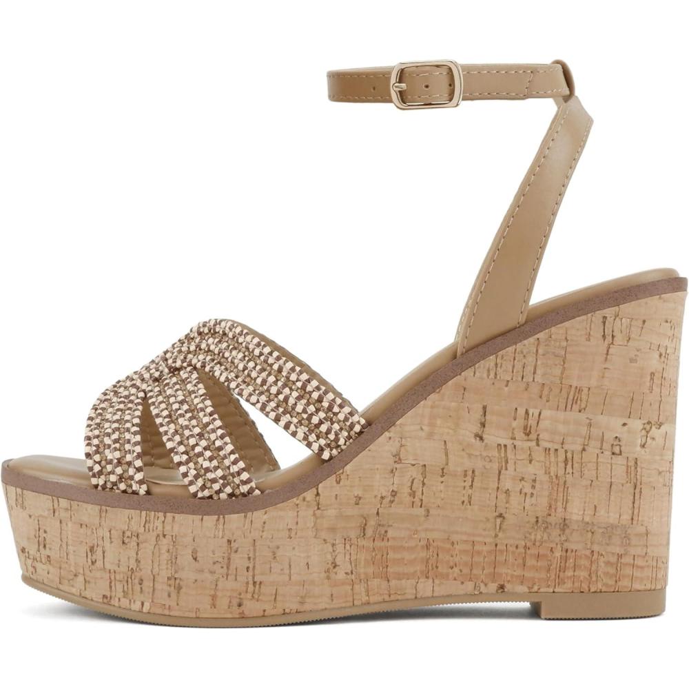 imageSoda Auto  Women Square Toe HBand High Wedge Heeled Raffia SandalsDark Natural Multi