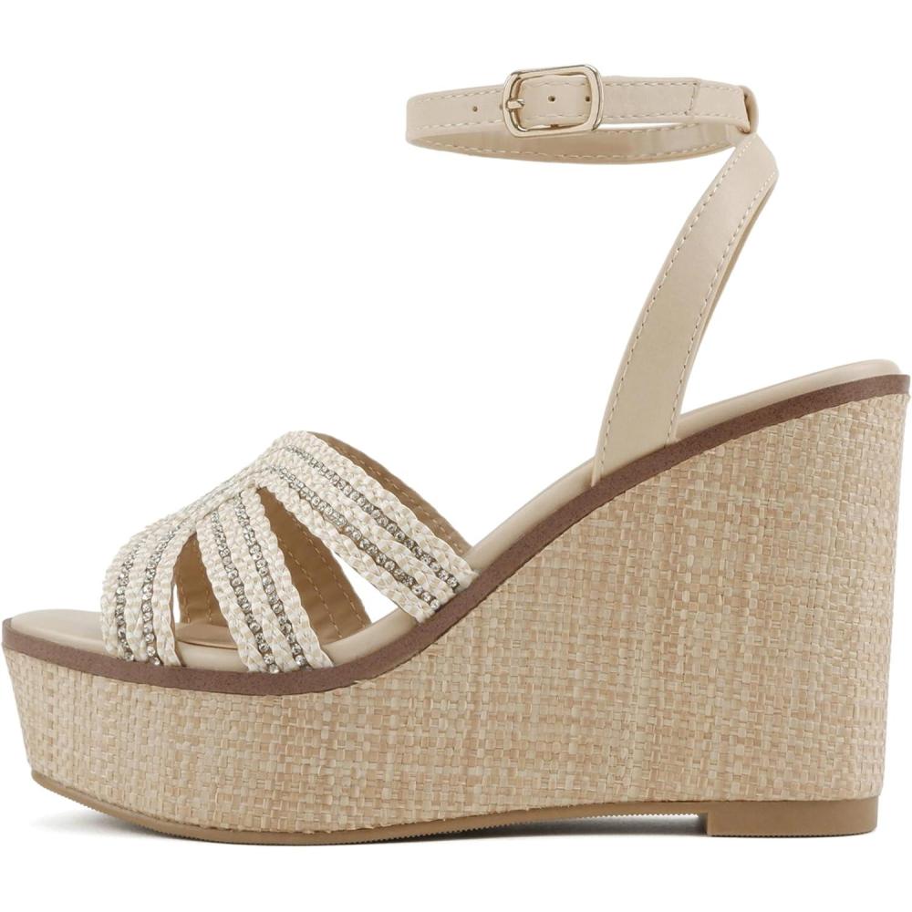 imageSoda Auto  Women Square Toe HBand High Wedge Heeled Raffia SandalsLight Beige Multi