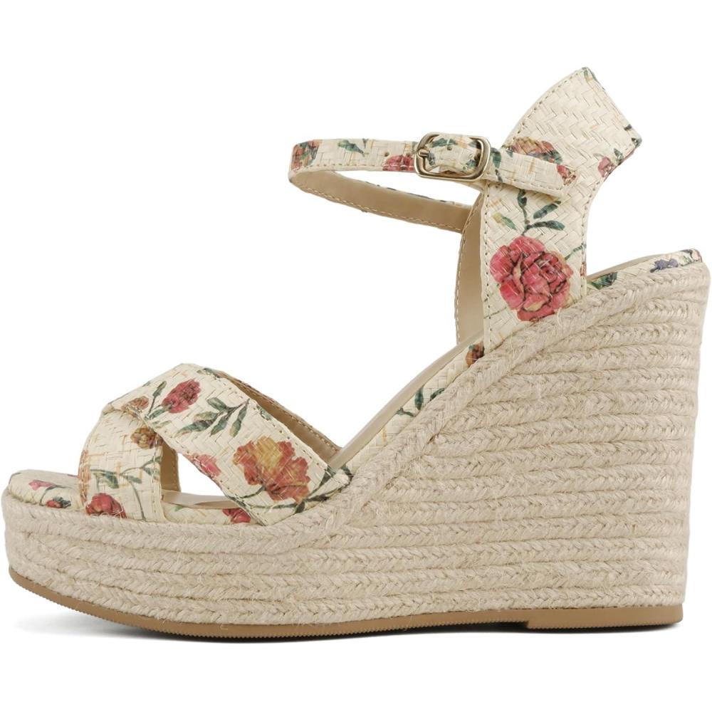 imageSoda Chatwin  Women Square Toe Crisscross Band High Heel Espadrille Wedge SandalsFlower Raffia