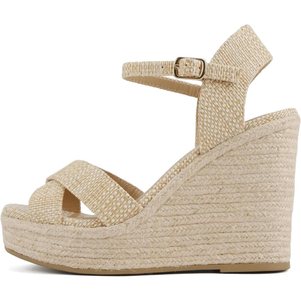 imageSoda Chatwin  Women Square Toe Crisscross Band High Heel Espadrille Wedge SandalsNatural Raffia