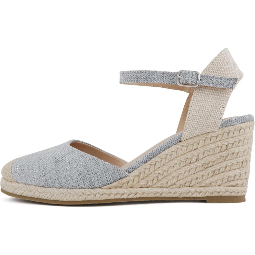 imageSoda Elfin  Women Square Toe Frayed Linen Espadrille Wedge SandalBlue