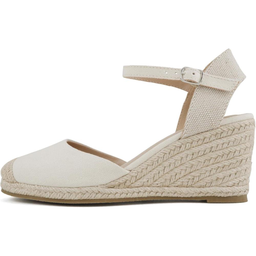imageSoda Elfin  Women Square Toe Frayed Linen Espadrille Wedge SandalLight Beige
