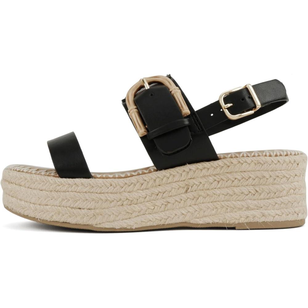 imageSoda Grand  Women Round Toe Low Heel Espadrille Wedge Sandals with Stitched EmbroideryBlack Pu