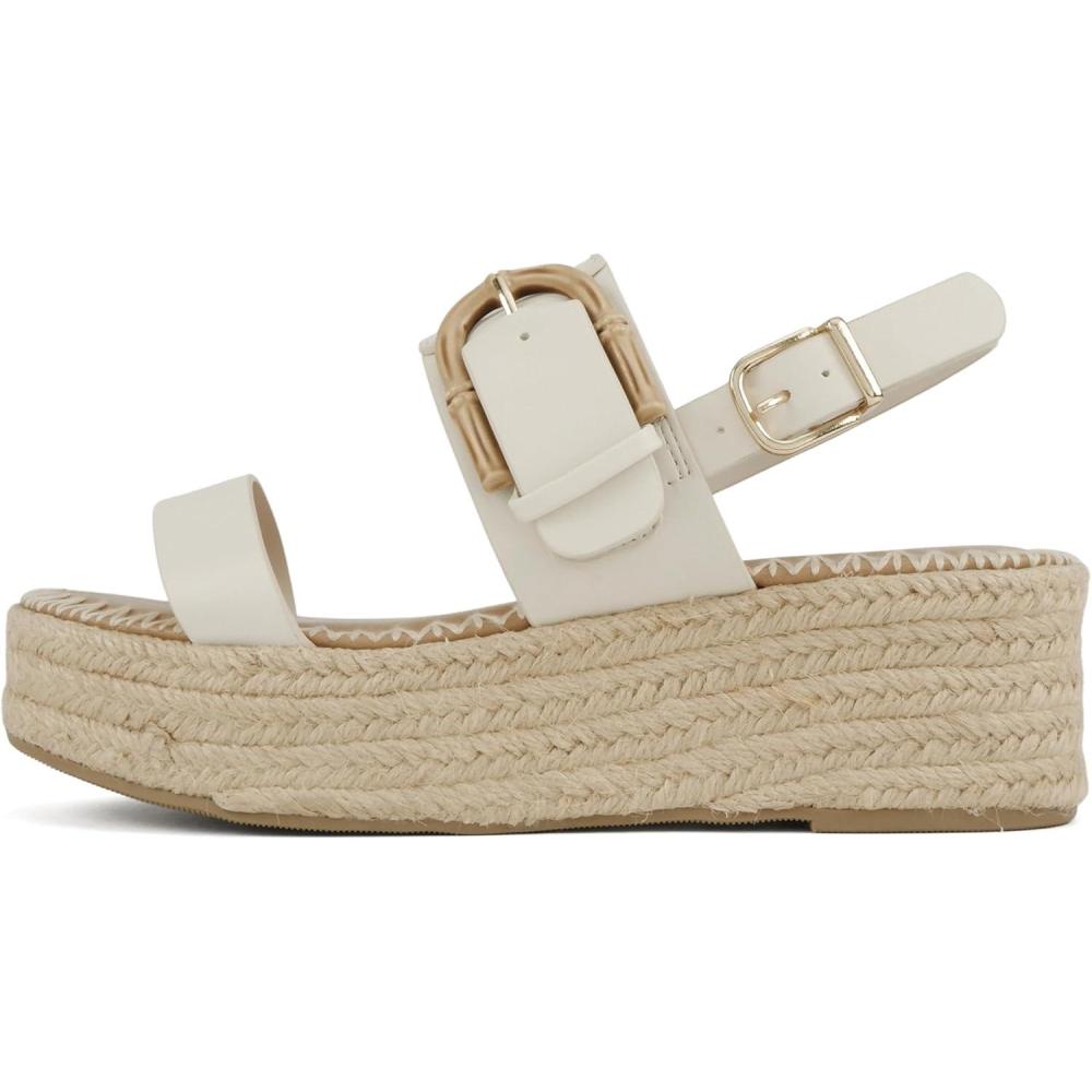 imageSoda Grand  Women Round Toe Low Heel Espadrille Wedge Sandals with Stitched EmbroideryBone Pu