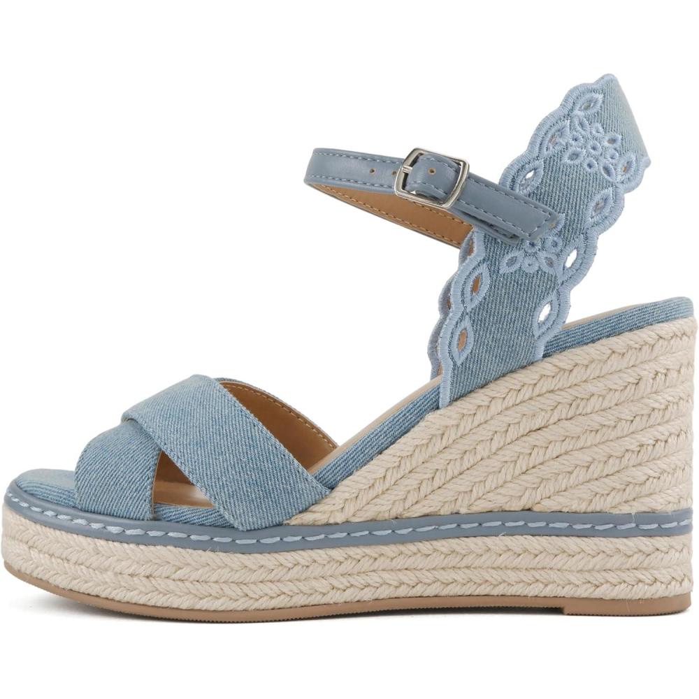 imageSoda Likey  Women Geometric Cut Ankle Strap XBand Espadrille Wedge SandalBlue Denim