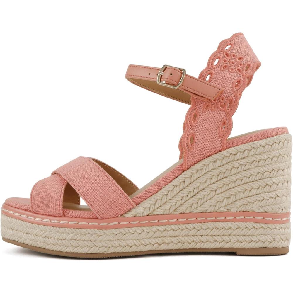 imageSoda Likey  Women Geometric Cut Ankle Strap XBand Espadrille Wedge SandalSalmon Pu