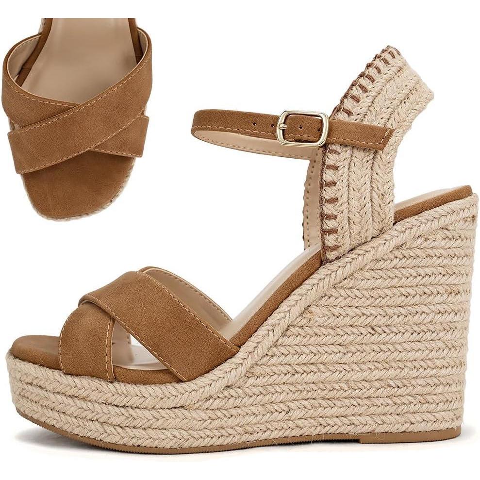 imageSoda Lorita  Women Square Toe Crisscross Band High Heel Espadrille Wedge SandalsTan Nubuck