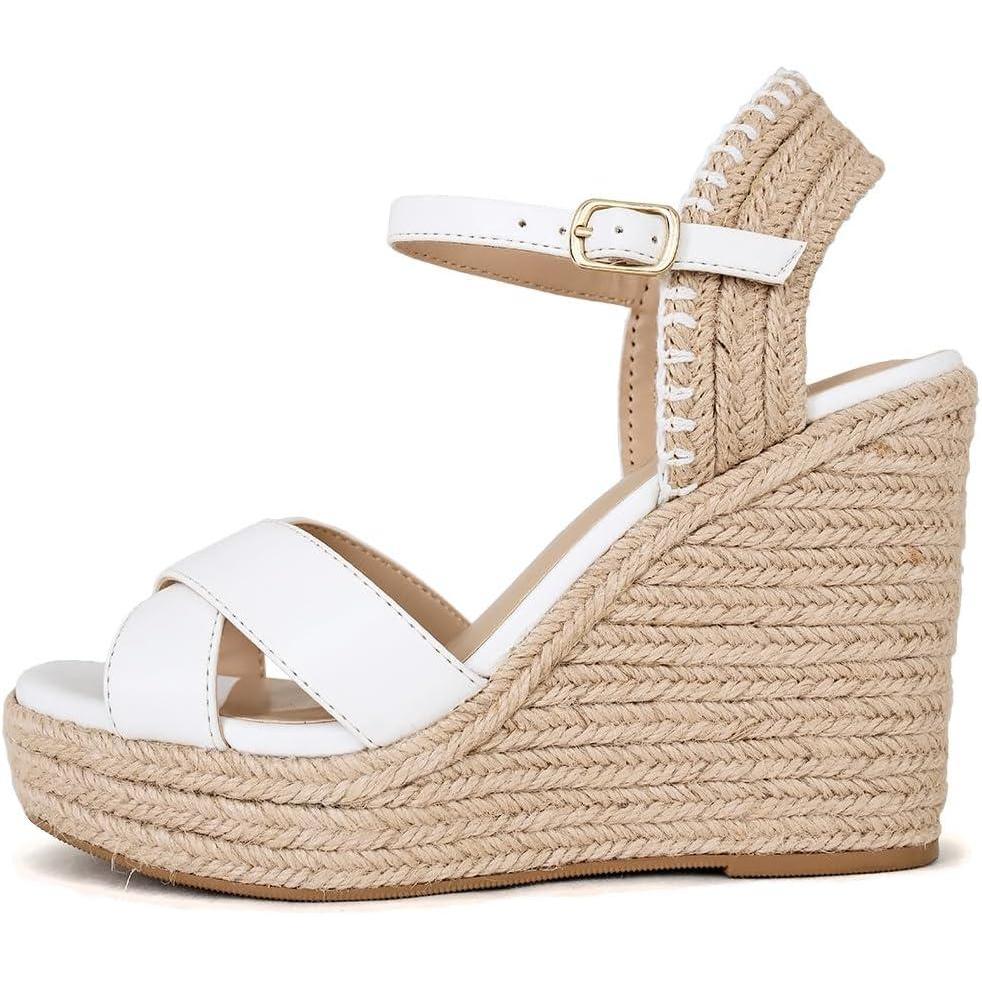 imageSoda Lorita  Women Square Toe Crisscross Band High Heel Espadrille Wedge SandalsWhite Pu