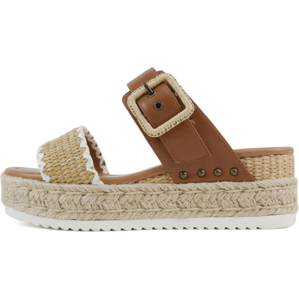 imageSoda Sail  Women Open Toe Double Band Espadrille Wedge SandalsCognac Raffia