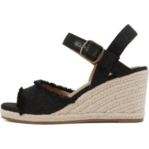 Soda Arnold ~ Women Square Toe Frayed Linen Espadrille Wedge Sandal(Black Linen)