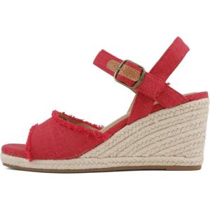 Soda Arnold ~ Women Square Toe Frayed Linen Espadrille Wedge Sandal(Red Linen)