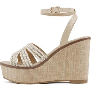 Soda “Auto” ~ Women Square Toe H-Band High Wedge Heeled Raffia Sandals(Light Beige Multi)