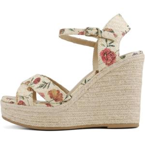 Soda Chatwin ~ Women Square Toe Crisscross Band High Heel Espadrille Wedge Sandals(Flower Raffia)