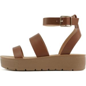 Soda Glory ~ Women Open Toe Multi-Strap Flatform Sandals(T-cognac Pu)