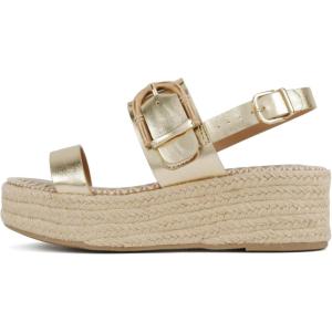 Soda Grand ~ Women Round Toe Low Heel Espadrille Wedge Sandals with Stitched Embroidery(Gold Pu)