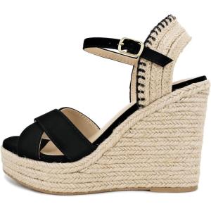 Soda “Lorita” ~ Women Square Toe Crisscross Band High Heel Espadrille Wedge Sandals(Black Nubuck)