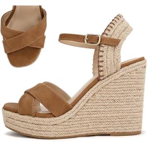 Soda “Lorita” ~ Women Square Toe Crisscross Band High Heel Espadrille Wedge Sandals(Tan Nubuck)