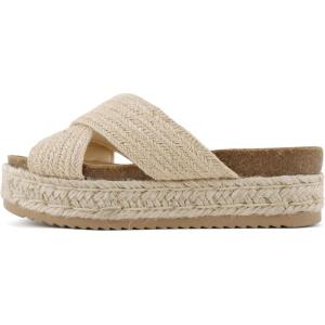 Soda Yena ~ Women Round Toe Crisscross Band Platform Espadrille Wedge Sandals(Light Tan Jute)