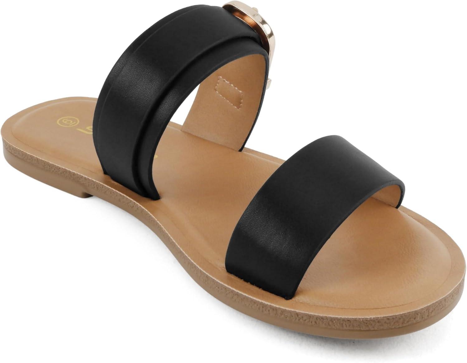 imageSoda Intent  Women Round Toe Double Band Flat Slide Sandals with Buckle StrapBlack Pu
