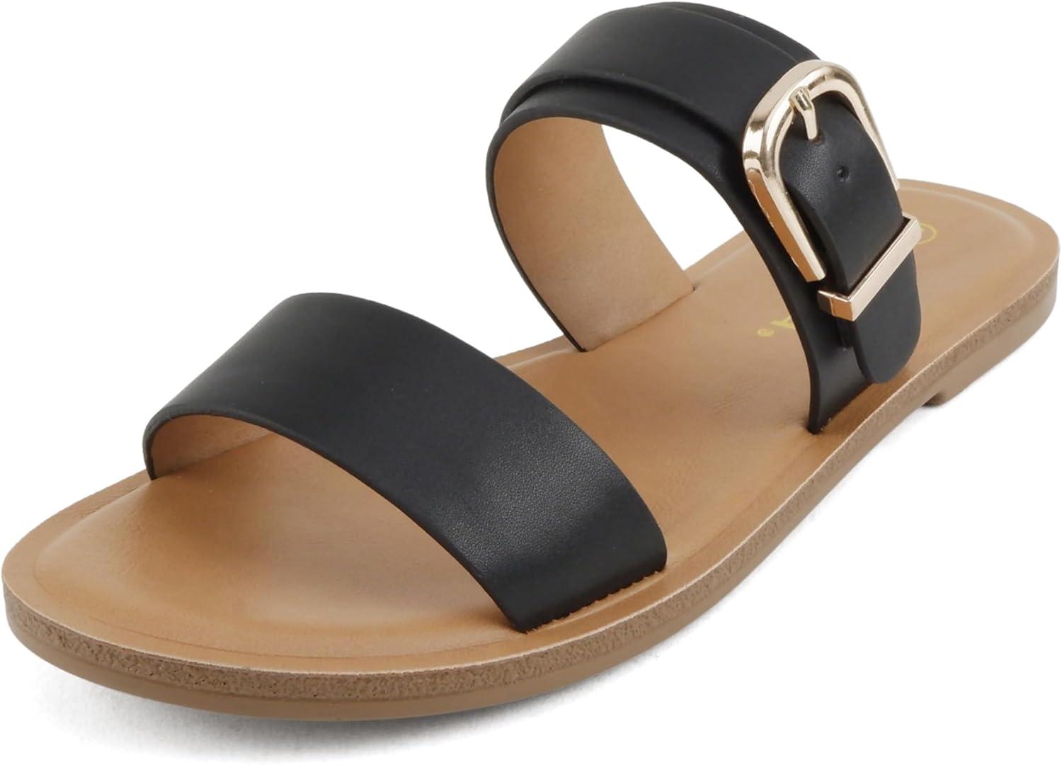 imageSoda Intent  Women Round Toe Double Band Flat Slide Sandals with Buckle StrapBlack Pu