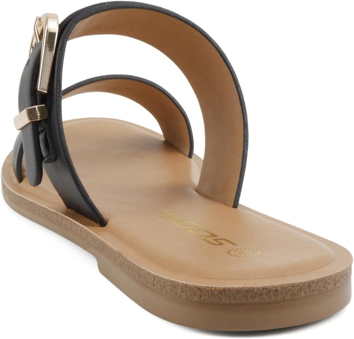 imageSoda Intent  Women Round Toe Double Band Flat Slide Sandals with Buckle StrapBlack Pu