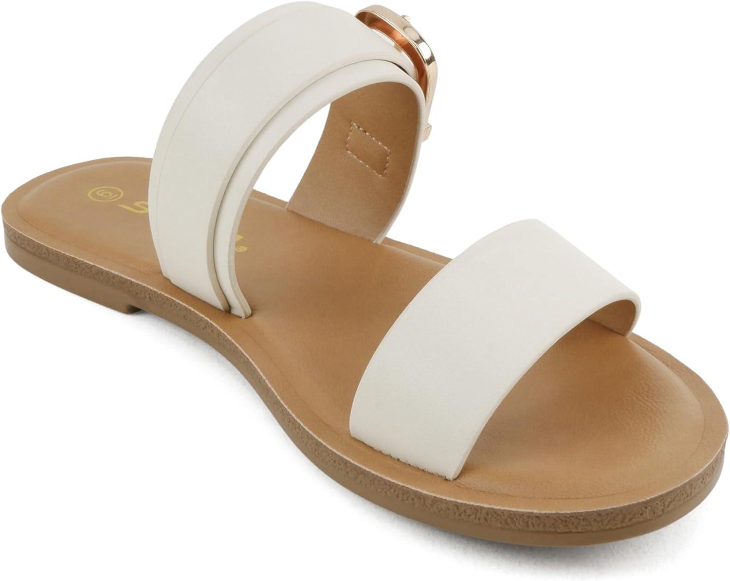 imageSoda Intent  Women Round Toe Double Band Flat Slide Sandals with Buckle StrapIvory Pu