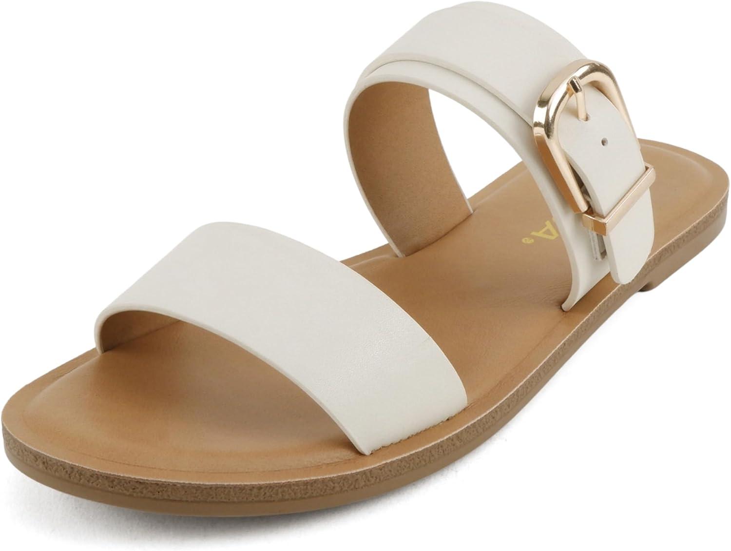 imageSoda Intent  Women Round Toe Double Band Flat Slide Sandals with Buckle StrapIvory Pu