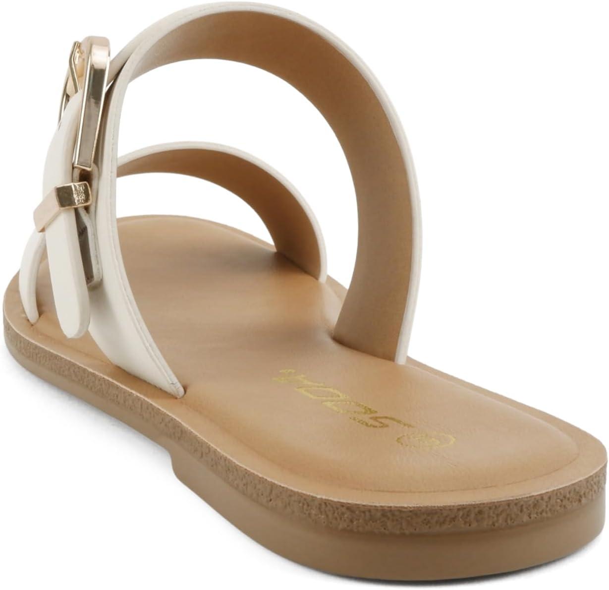 imageSoda Intent  Women Round Toe Double Band Flat Slide Sandals with Buckle StrapIvory Pu