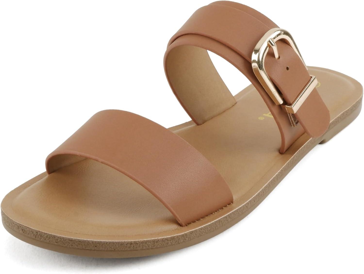 imageSoda Intent  Women Round Toe Double Band Flat Slide Sandals with Buckle StrapTan Pu