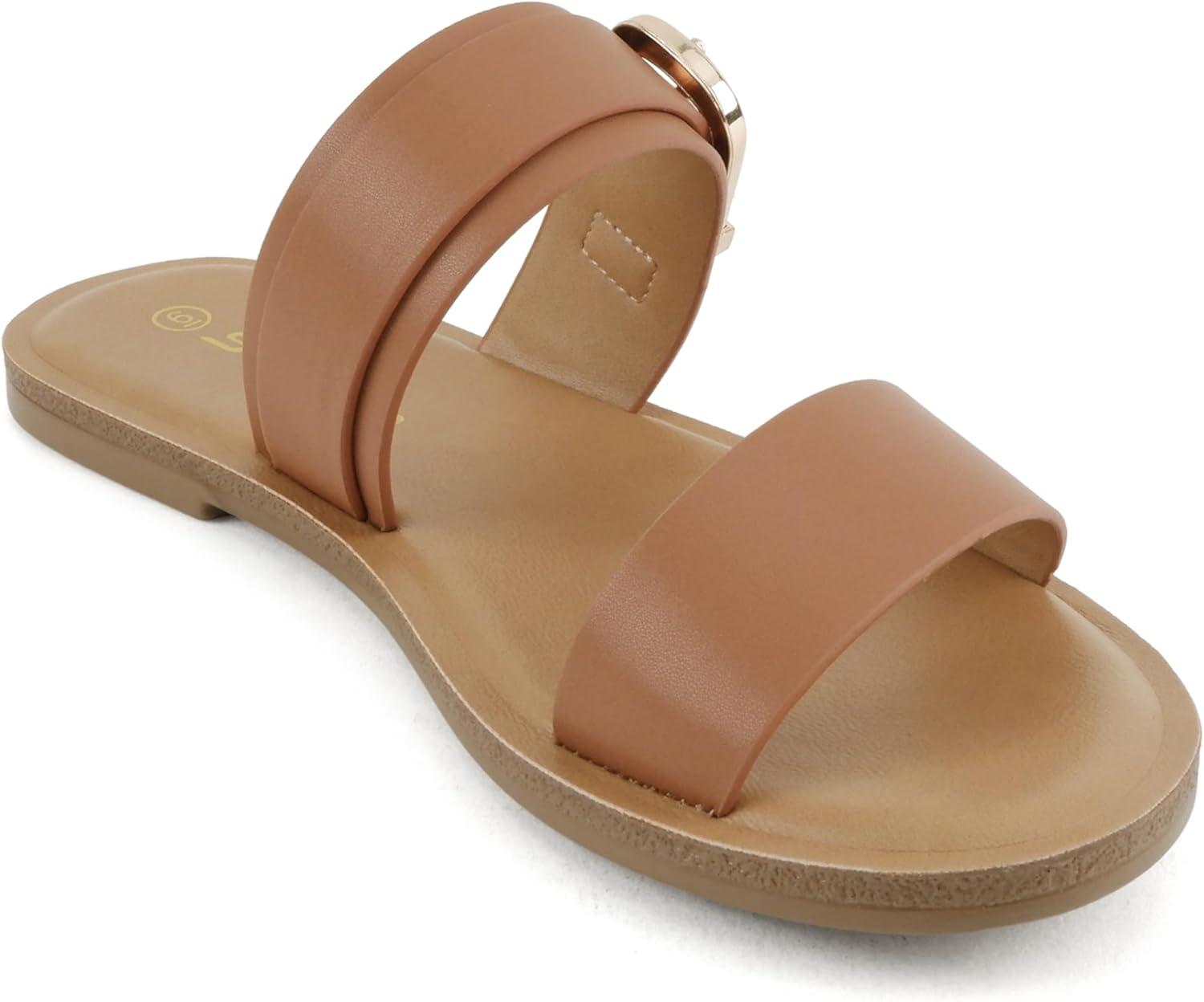 imageSoda Intent  Women Round Toe Double Band Flat Slide Sandals with Buckle StrapTan Pu