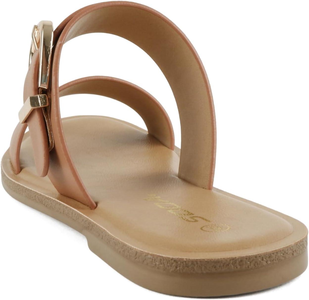 imageSoda Intent  Women Round Toe Double Band Flat Slide Sandals with Buckle StrapTan Pu