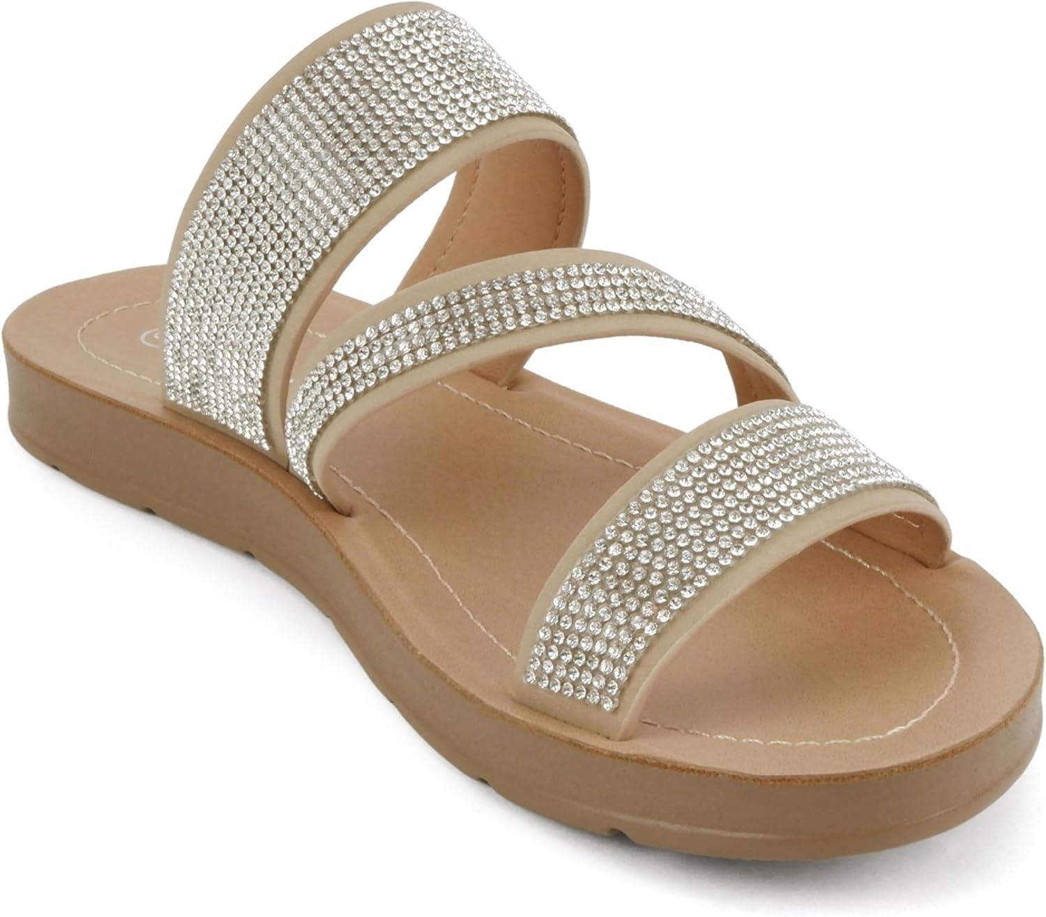 imageSoda Zeal  Women Open Toe Rhinestone Multi Band Slide SandalsDark Natural Nubuck