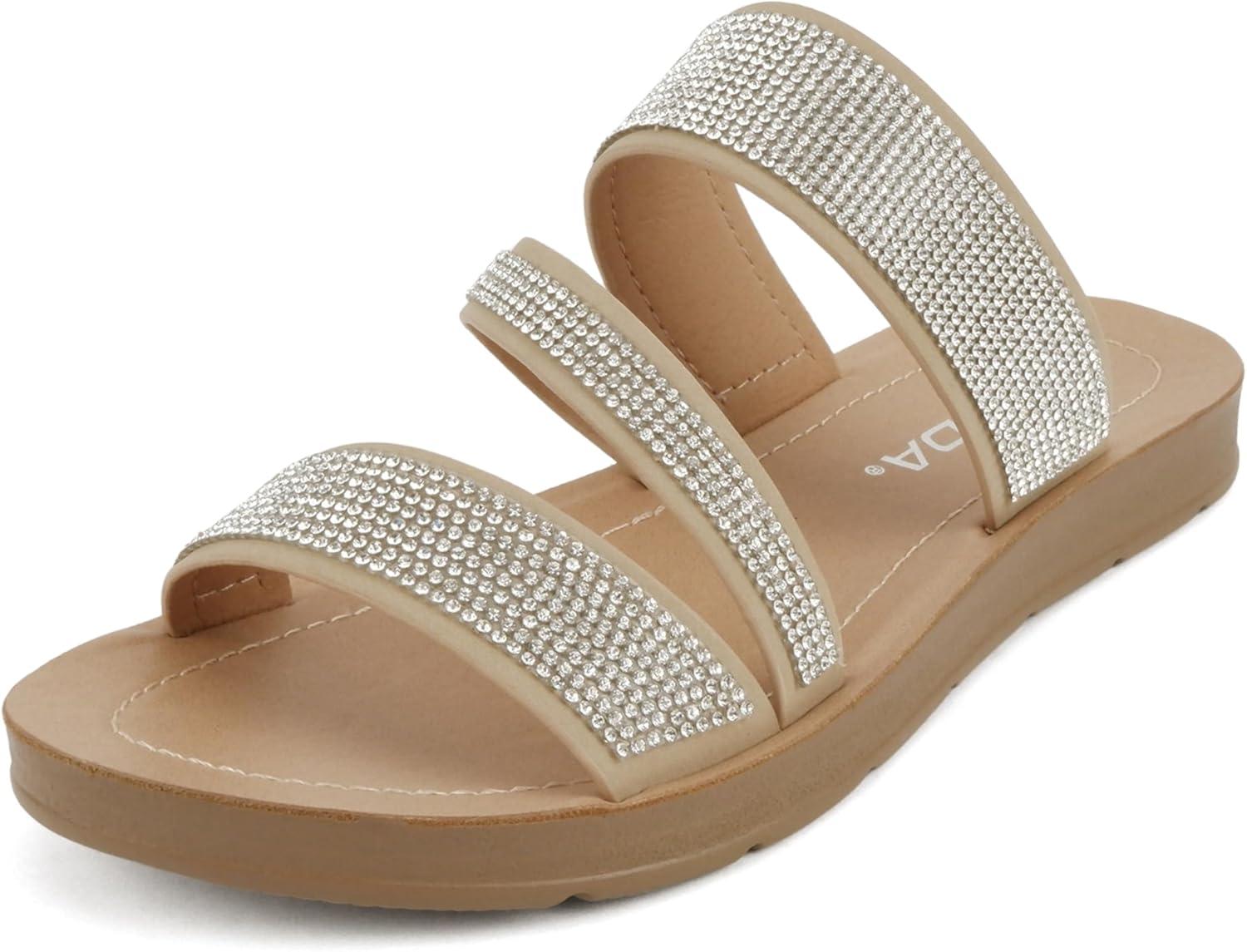 imageSoda Zeal  Women Open Toe Rhinestone Multi Band Slide SandalsDark Natural Nubuck