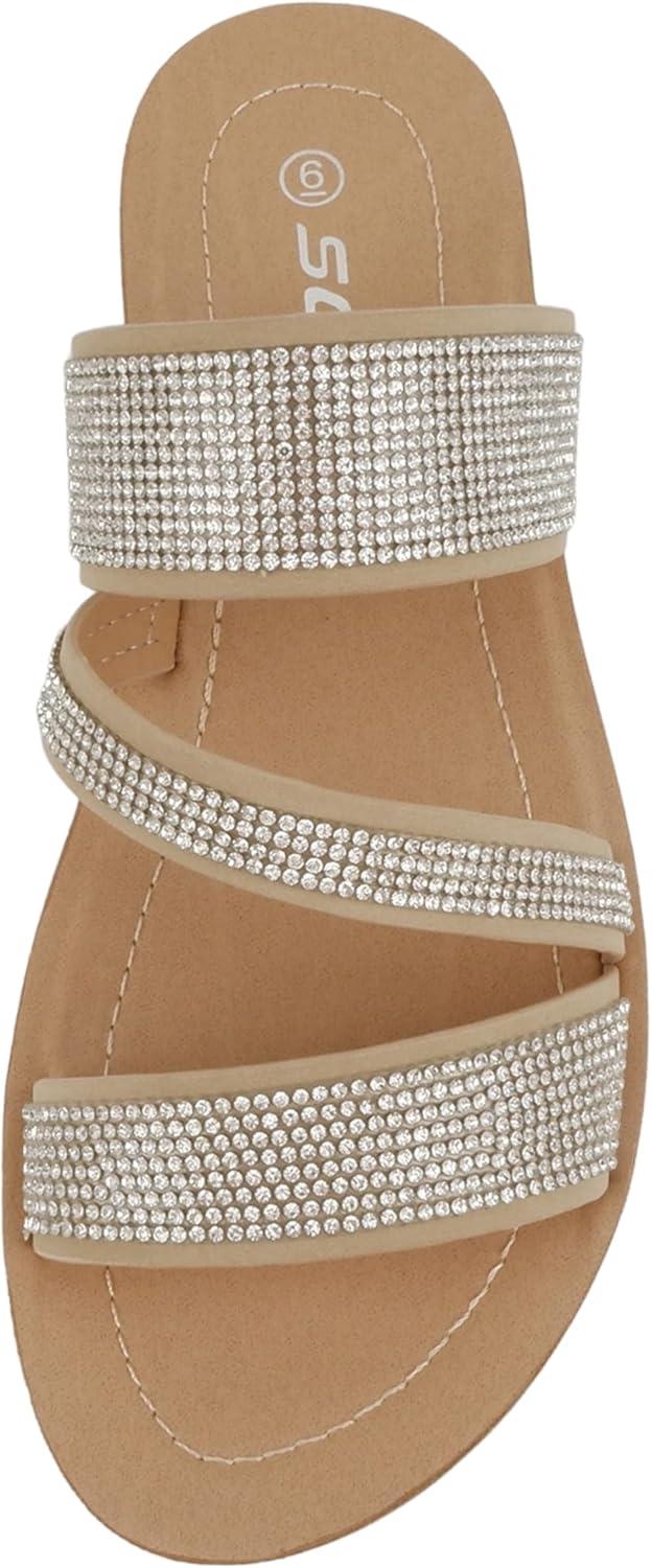 imageSoda Zeal  Women Open Toe Rhinestone Multi Band Slide SandalsDark Natural Nubuck