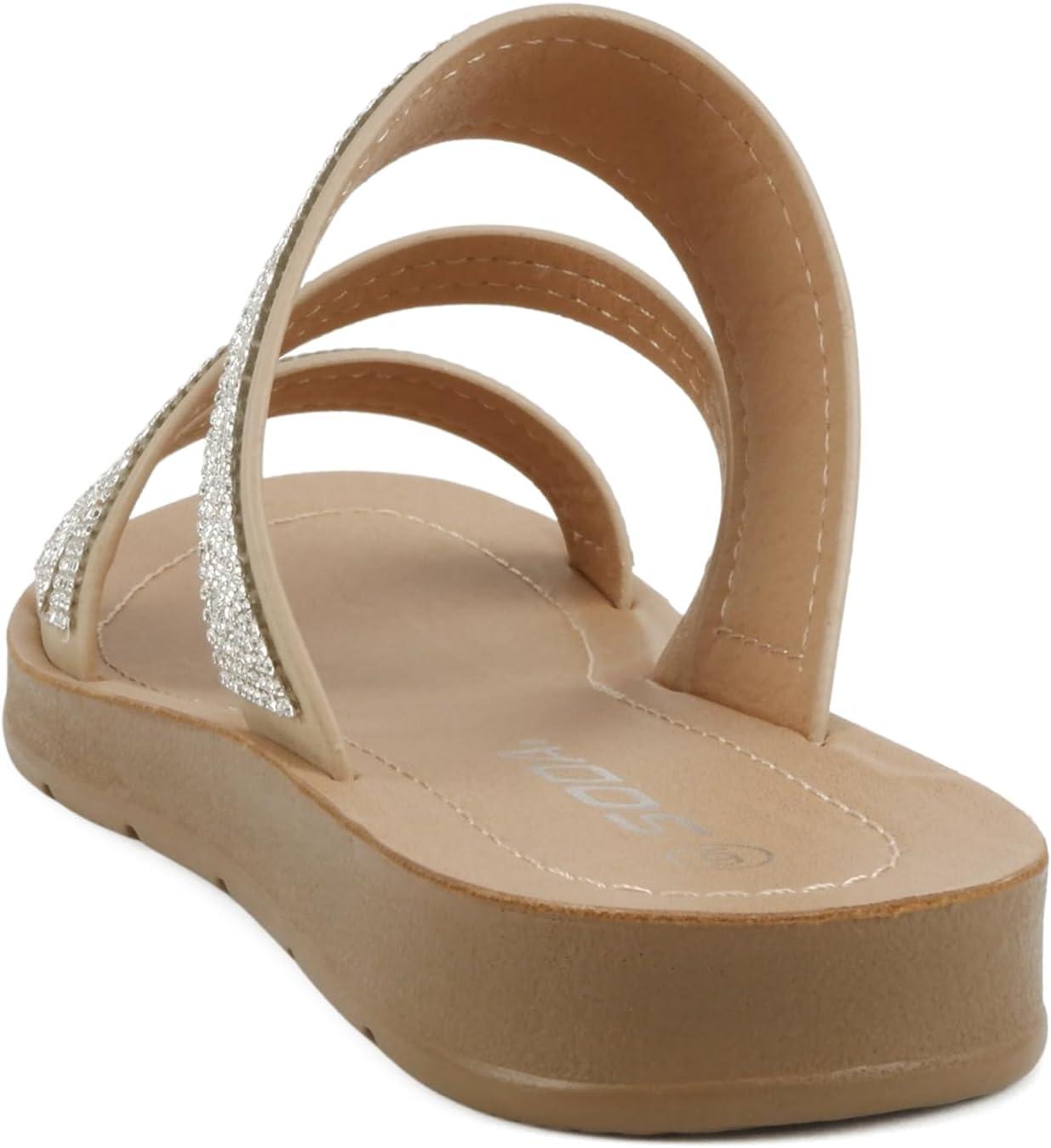 imageSoda Zeal  Women Open Toe Rhinestone Multi Band Slide SandalsDark Natural Nubuck