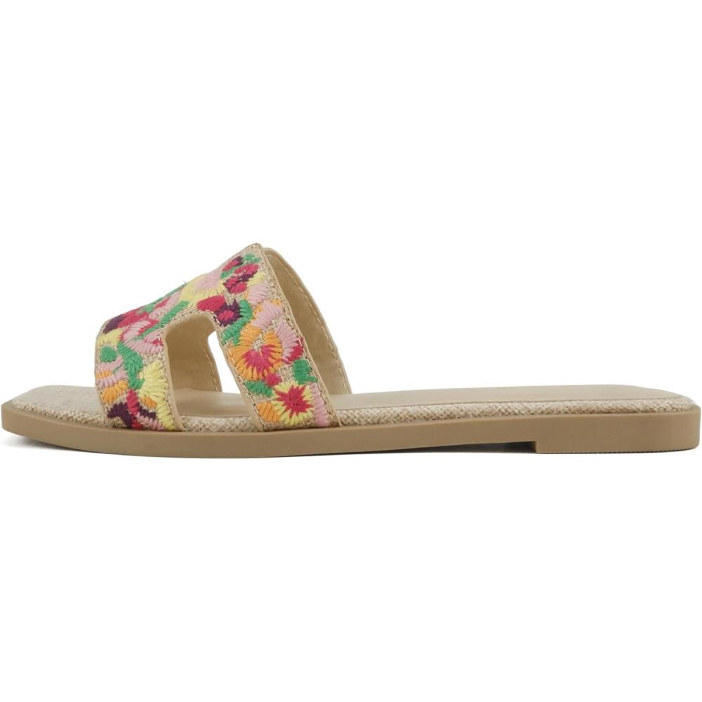imageSoda Gymnic  Women Square Toe Embroidered HBand Flat Slide SandalsRaffia