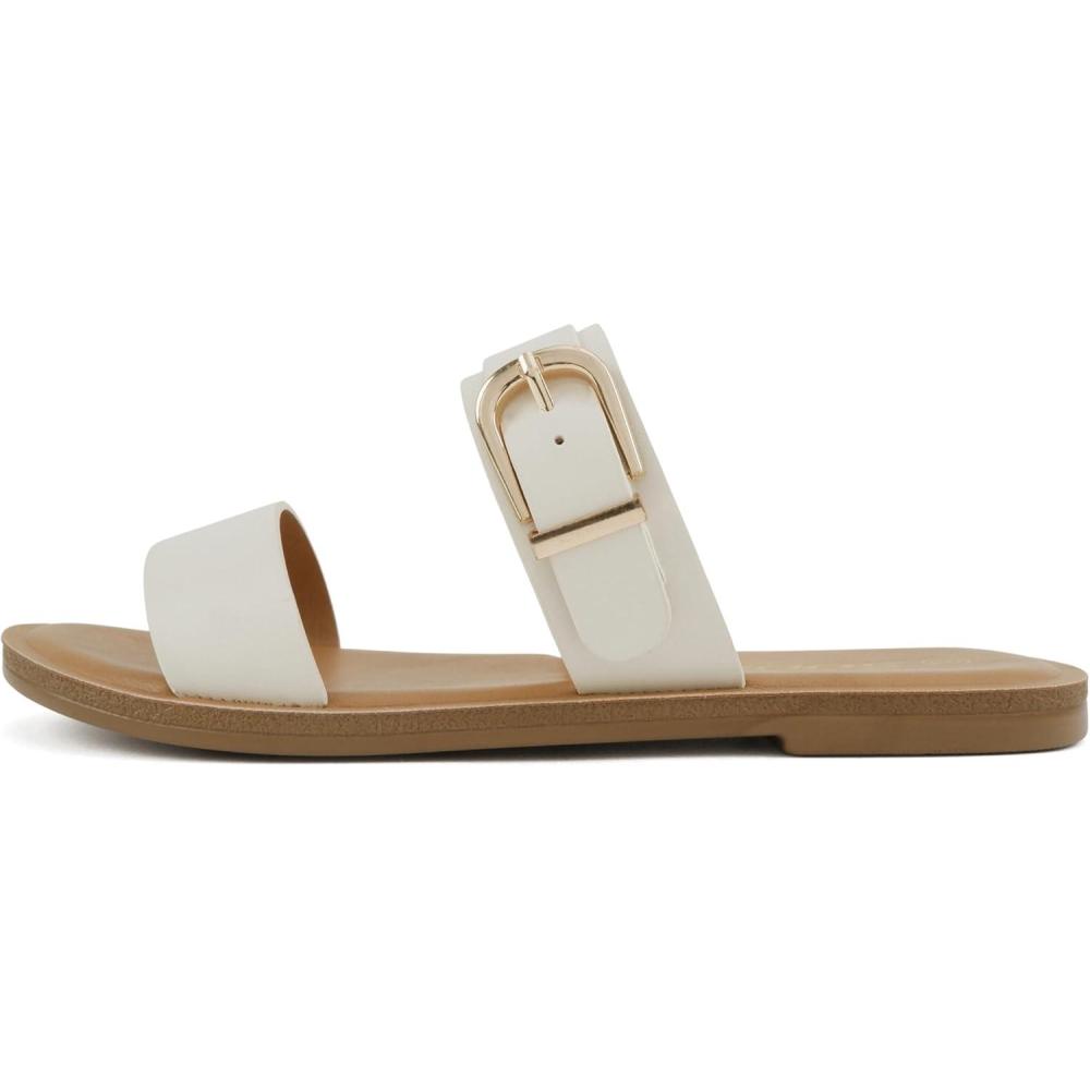 imageSoda Intent  Women Round Toe Double Band Flat Slide Sandals with Buckle StrapIvory Pu