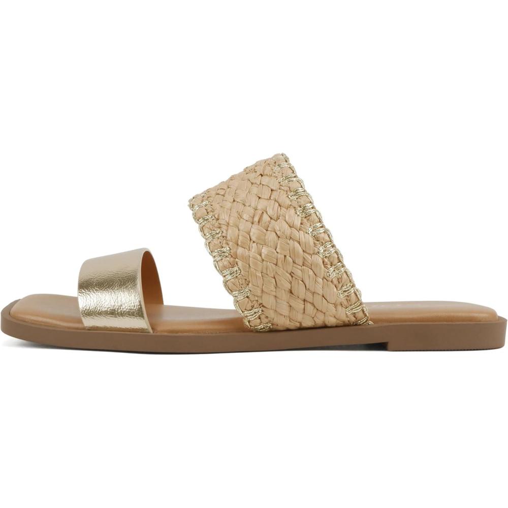 imageSoda Lysett  Women Square Toe Double Band Lug Slide SandalsGoldRaffia