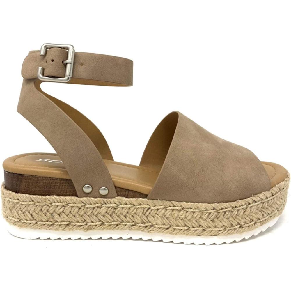 imageSoda Topic Open Toe Buckle Ankle Strap Espadrilles Flatform Wedge Casual SandalBeige